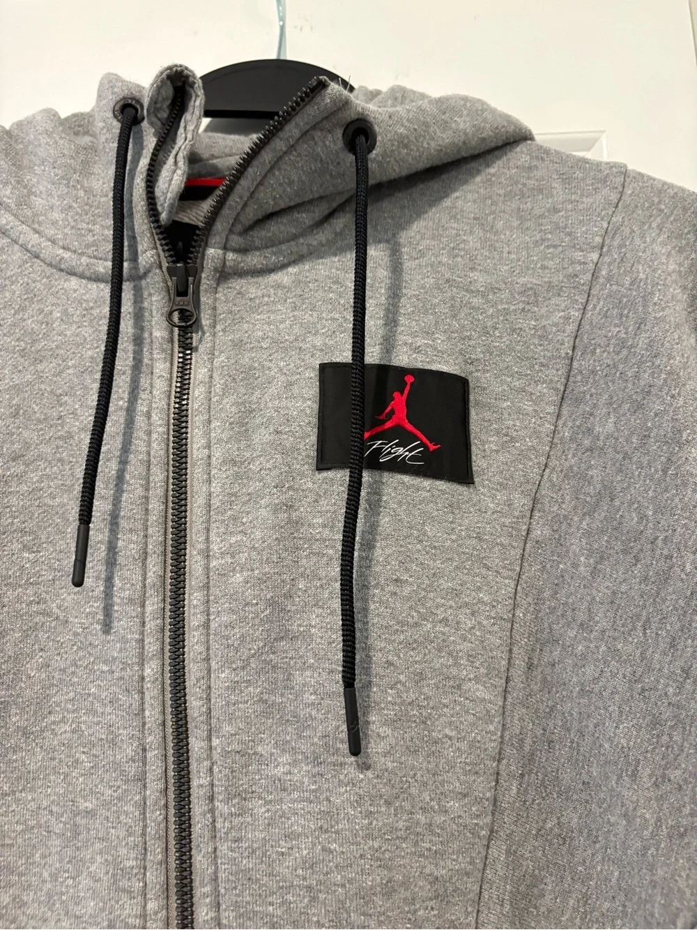 Jordan Gray Full-Zip Hooded Sweatshirt with Red Jumpman Patch